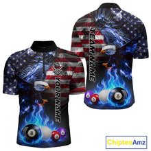 Load image into Gallery viewer, Blue flame billiard quarter zip shirt for men designed for tournament performance and league competition.