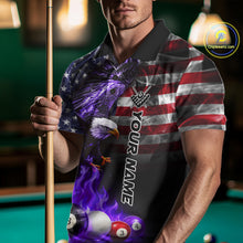 Load image into Gallery viewer, Man wearing a purple flame eagle billiard shirt during pool match front view in a game hall.
