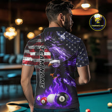 Load image into Gallery viewer, Back view of man wearing an American flag billiard jersey in a billiards room.
