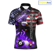 Load image into Gallery viewer, Purple flame American flag eagle billiard polo shirt for men with bold patriotic league graphics.