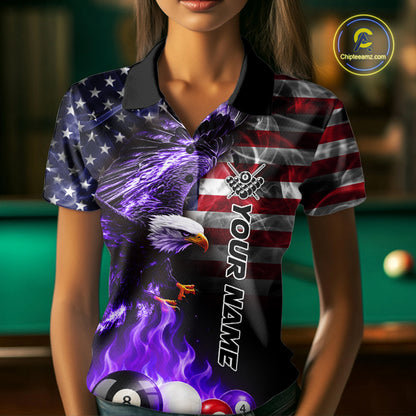 Woman wearing a purple flame eagle billiard shirt during pool match front view in a game hall.