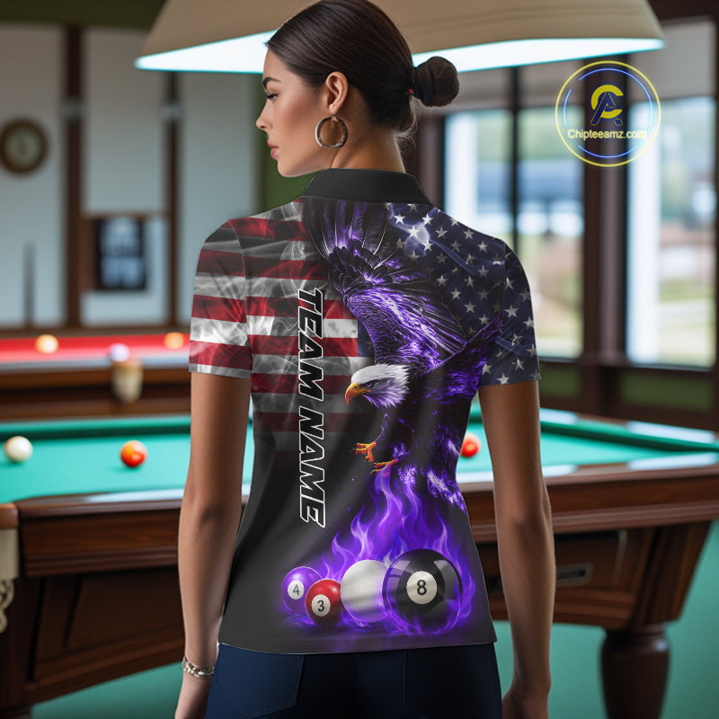 Back view of woman wearing an American flag billiard jersey in a billiards room.