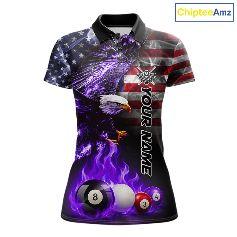 Purple flame American flag eagle billiard polo shirt for women with bold patriotic league graphics.