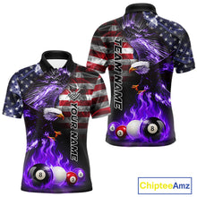 Load image into Gallery viewer, Purple flame eagle pool shirt for men with American flag design and custom team style.