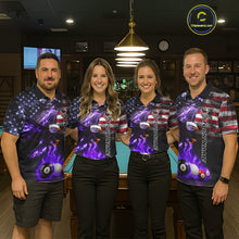 Load image into Gallery viewer, Pool team wearing matching purple flame eagle billiard jerseys during tournament front view.