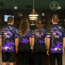 Load image into Gallery viewer, Back view of pool players wearing patriotic billiard shirts during competitive match play.