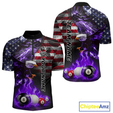 Load image into Gallery viewer, Purple flame billiard quarter zip shirt for men built for competitive pool tournaments and league play.