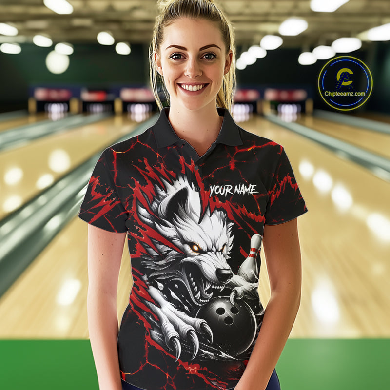 Woman wearing black and red custom wolf bowling team jersey polo shirt featuring wolf artwork, front view.