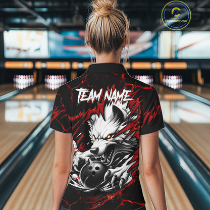 Woman wearing black and red custom wolf bowling team jersey polo shirt featuring wolf artwork, back view.