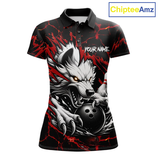 Black and red custom wolf bowling team jersey polo shirt for women featuring a fierce wolf design, premium personalized bowling league apparel for tournaments and team play.