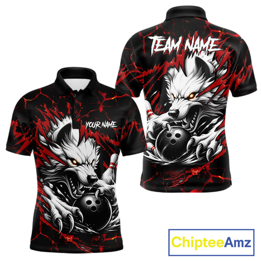 Black and red custom wolf bowling team jersey polo shirt for men featuring a fierce wolf design, premium personalized bowling league apparel for tournaments and team play.