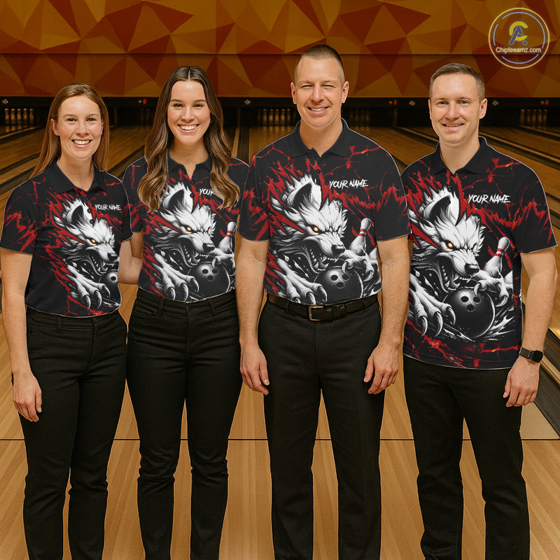 Bowling team wearing matching black and red custom wolf bowling team jerseys, front view.