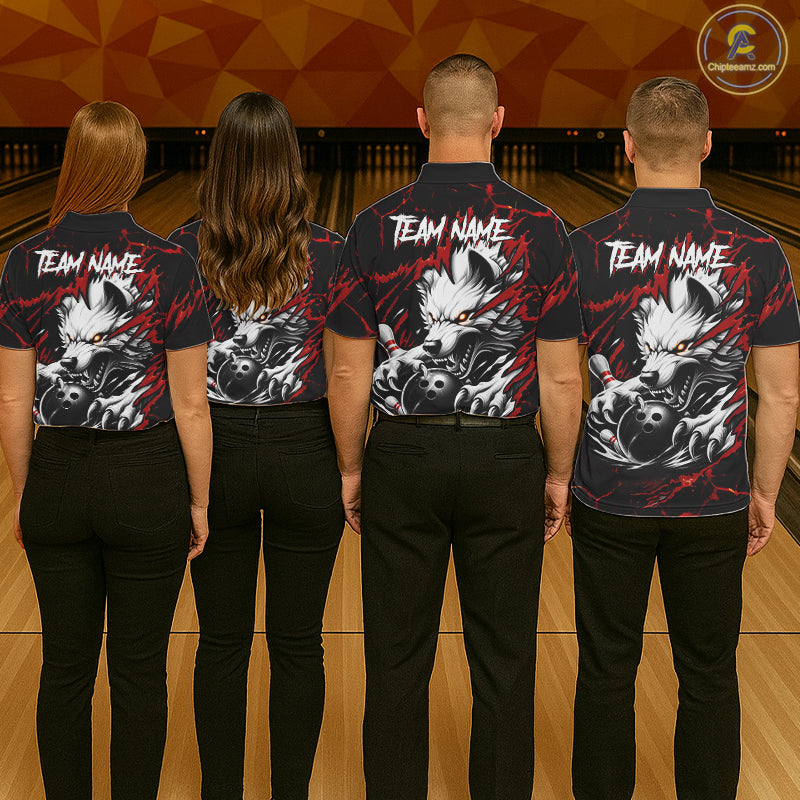 Bowling team wearing matching black and red custom wolf bowling team jerseys, back view.
