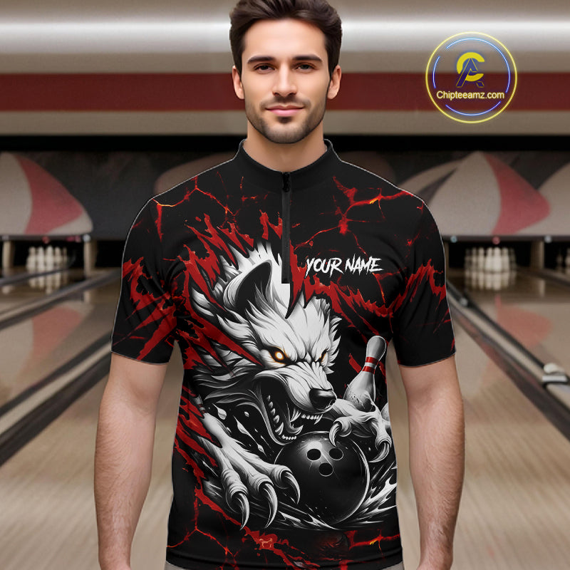 Man wearing black and red custom wolf bowling team jersey quarter zip shirt featuring wolf artwork, front view.