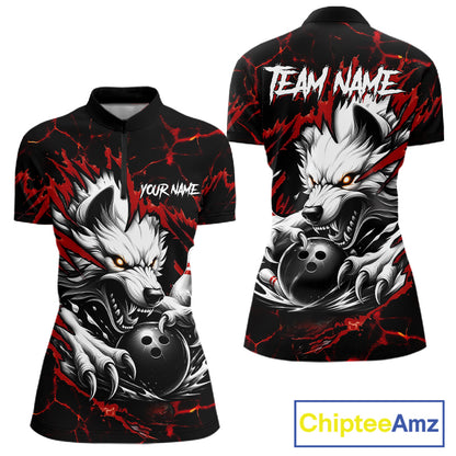 Black and red custom wolf bowling team jersey quarter zip shirt for women featuring bold wolf artwork, premium custom bowling apparel.