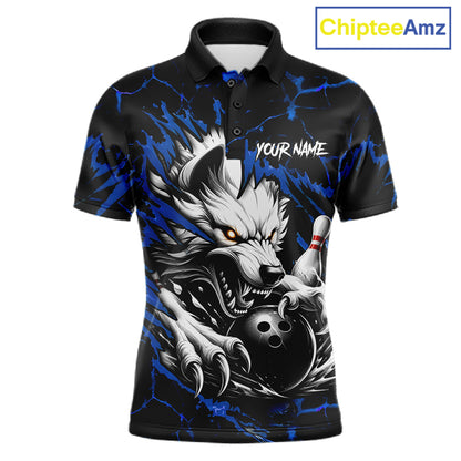 Black and blue custom wolf bowling team jersey polo shirt for men featuring a fierce wolf design, premium personalized bowling league apparel for tournaments and team play.