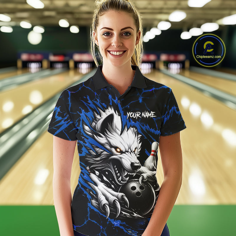 Woman wearing black and blue custom wolf bowling team jersey polo shirt featuring wolf artwork, front view.