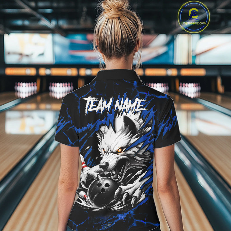 Woman wearing black and blue custom wolf bowling team jersey polo shirt featuring wolf artwork, back view.