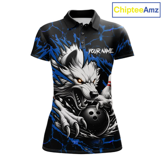 Black and blue custom wolf bowling team jersey polo shirt for women featuring a fierce wolf design, premium personalized bowling league apparel for tournaments and team play.