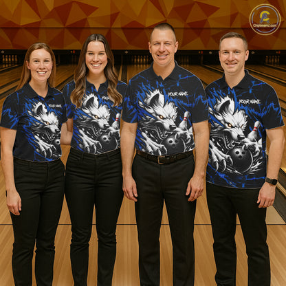 Bowling team wearing matching black and blue custom wolf bowling team jerseys, front view.