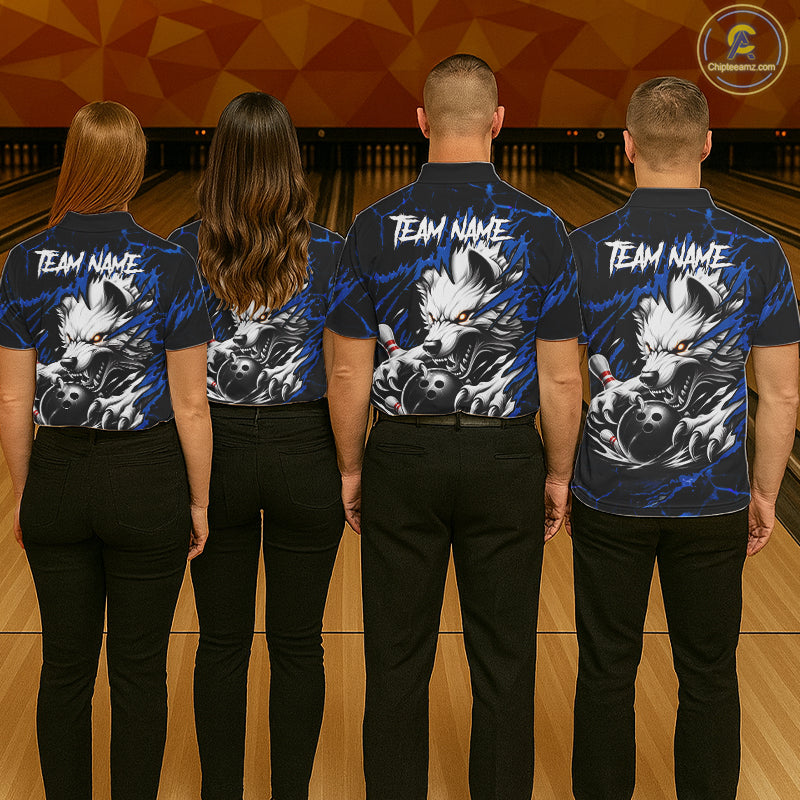 Bowling team wearing matching black and blue custom wolf bowling team jerseys, back view.