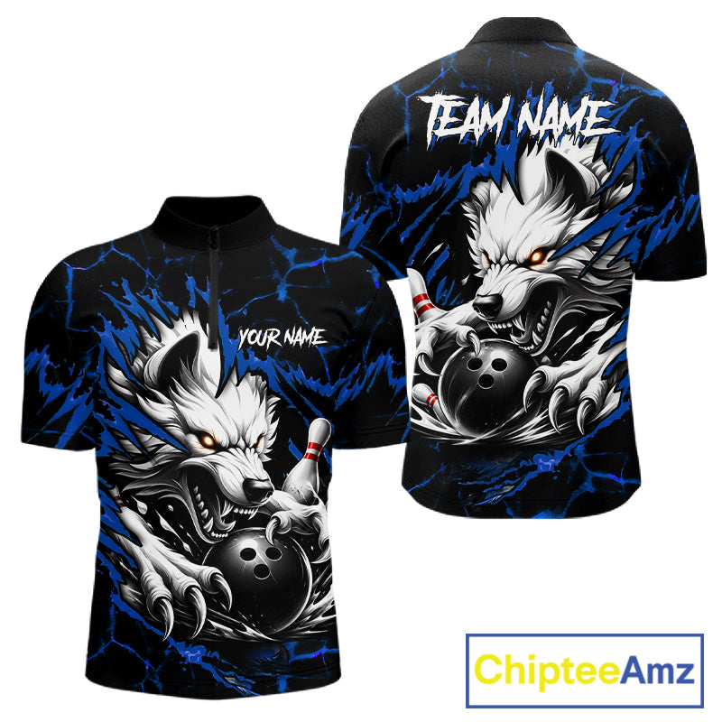 Black and blue custom wolf bowling team jersey quarter zip shirt for men featuring bold wolf artwork, premium custom bowling apparel.