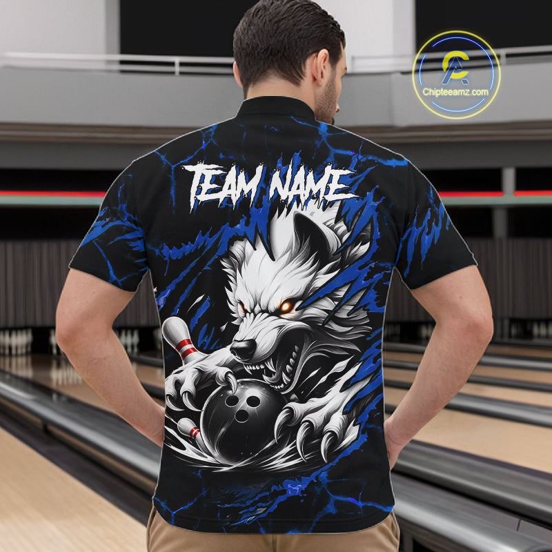 Man wearing black and blue custom wolf bowling team jersey quarter zip shirt featuring wolf artwork, back view.