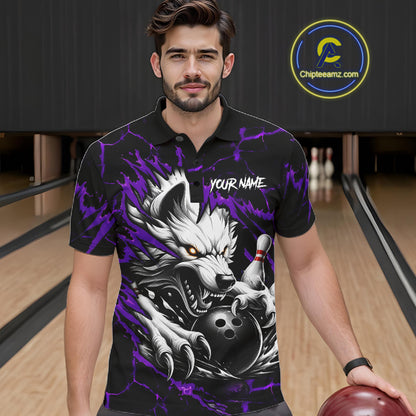 Man wearing black and purple custom wolf bowling team jersey polo shirt featuring wolf artwork, front view.