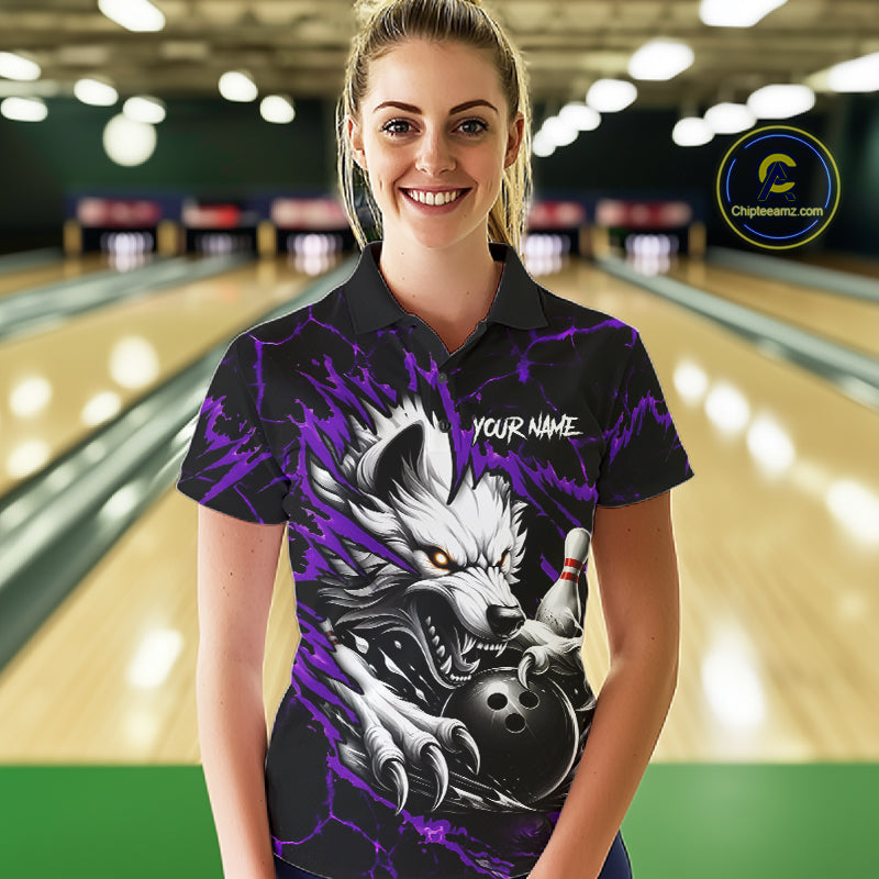 Woman wearing black and purple custom wolf bowling team jersey polo shirt featuring wolf artwork, front view.