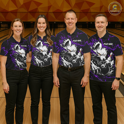 Bowling team wearing matching black and purple custom wolf bowling team jerseys, front view.