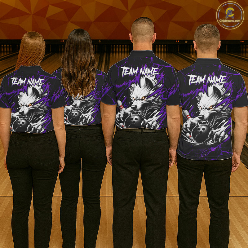 Bowling team wearing matching black and purple custom wolf bowling team jerseys, back view.