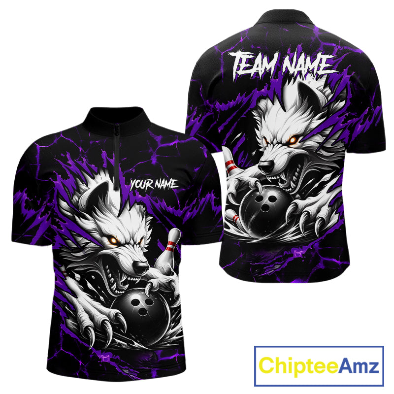 Black and purple custom wolf bowling team jersey quarter zip shirt for men featuring bold wolf artwork, premium custom bowling apparel.