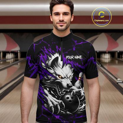Man wearing black and purple custom wolf bowling team jersey quarter zip shirt featuring wolf artwork, front view.