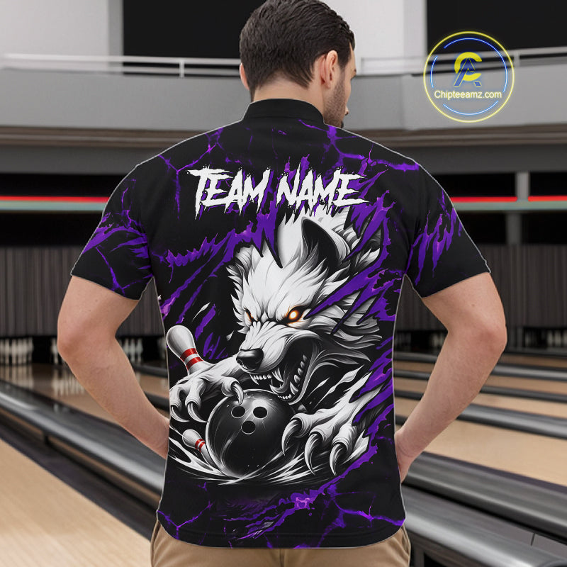 Man wearing black and purple custom wolf bowling team jersey quarter zip shirt featuring wolf artwork, back view.