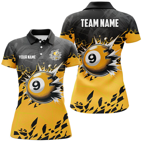 Funny Yellow Black 9 Ball Pool Crack Custom Billiard Shirts For Women, 9 Ball Billiard Jerseys TDM2416