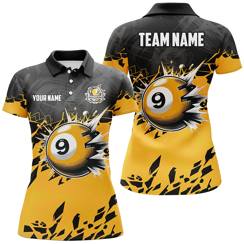 Funny Yellow Black 9 Ball Pool Crack Custom Billiard Shirts For Women, 9 Ball Billiard Jerseys TDM2416