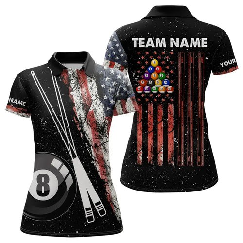 Retro Black Grunge American Flag 8 Ball Pool Women Billiard Shirts Custom Patriotic Billiard Jersey TDM3371