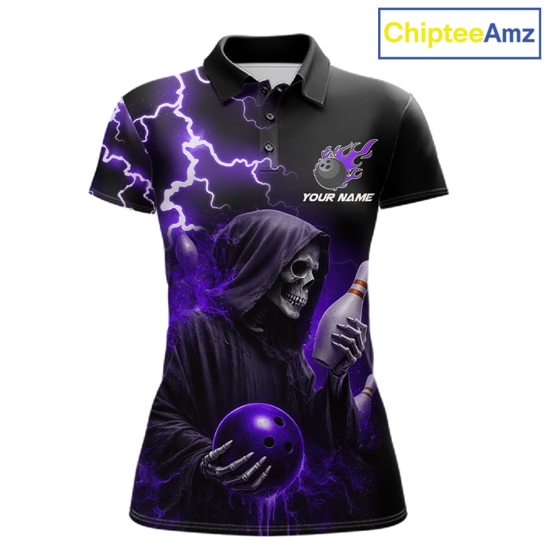 Purple Grim Reaper Bowling Shirt For Women Custom Lightning Bowling Jersey Team Polo & 1/4 Zip TDM5857