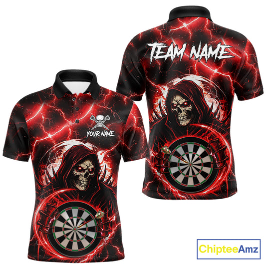 Red Grim Reaper Skull Thunder Lightning Darts Shirt For Men Custom Darts Jersey Team Polo & 1/4 Zip TDM6467