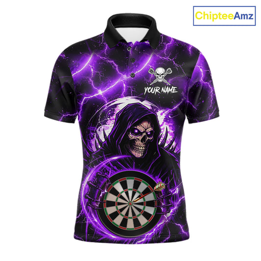 Purple Grim Reaper Skull Thunder Lightning Darts Shirt For Men Custom Darts Jersey Polo & 1/4 Zip TDM6468