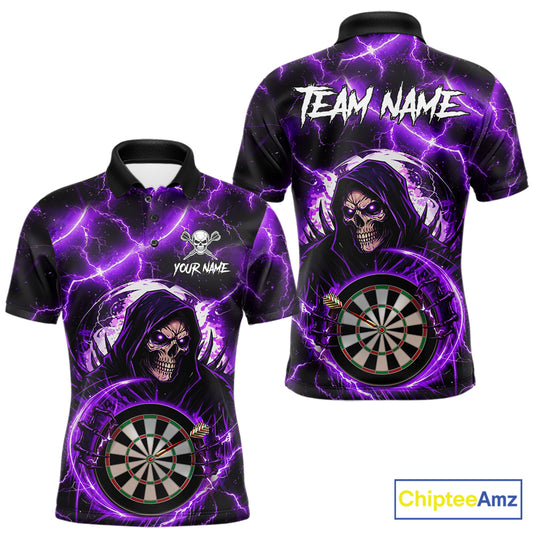 Purple Grim Reaper Skull Thunder Lightning Darts Shirt For Men Custom Darts Jersey Polo & 1/4 Zip TDM6468