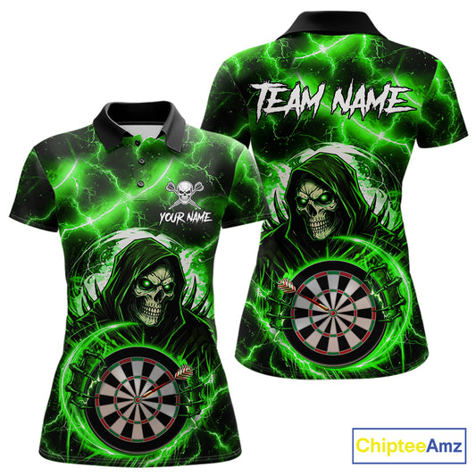 Green Grim Reaper Skull Thunder Lightning Darts Shirt For Women Custom Darts Jersey Polo & 1/4 Zip TDM6469