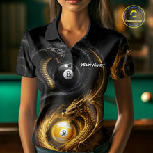 Load image into Gallery viewer, Woman wearing an 8 ball 9 ball cobra snake and dragon billiard jersey beside a pool table front view.