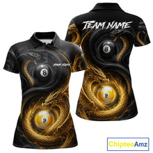 Load image into Gallery viewer, 8 ball 9 ball cobra snake and dragon pool billiard polo shirt for women with custom team graphics.