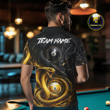Load image into Gallery viewer, Back view of man wearing an 8 ball 9 ball cobra snake and dragon pool team shirt in a billiards hall.