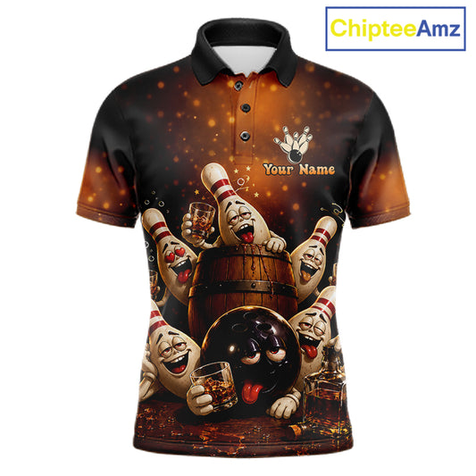 Funny drunk bowling pins bourbon vintage bowling team jersey polo shirt for men featuring hilarious bourbon bottles and drunk bowling pins artwork, premium custom bowling league apparel.