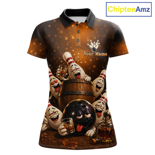 Funny drunk bowling pins bourbon vintage bowling team jersey polo shirt for women featuring hilarious bourbon bottles and drunk bowling pins artwork, premium custom bowling league apparel.