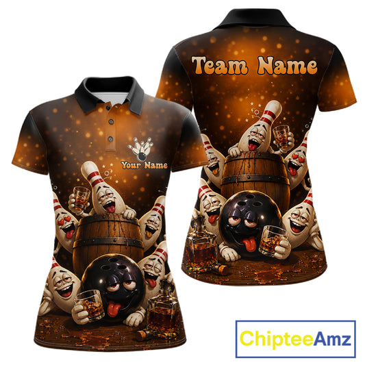 Funny drunk bowling pins bourbon vintage bowling team jersey polo shirt for women featuring hilarious bourbon bottles and drunk bowling pins artwork, premium custom bowling league apparel.