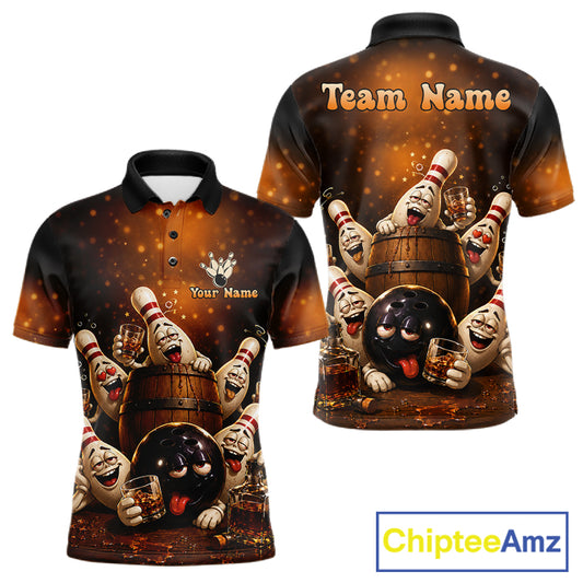 Funny drunk bowling pins bourbon vintage bowling team jersey polo shirt for men featuring hilarious bourbon bottles and drunk bowling pins artwork, premium custom bowling league apparel.