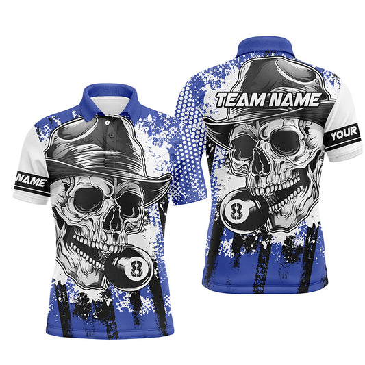 Personalized Blue Billiard Skull Holding 8 Ball Men Polo Shirts Custom Billiard Team Jersey Attire TDM1382
